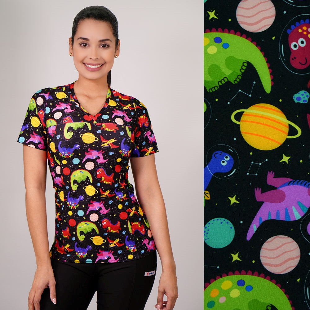 Delantal Mujer tela elasticada estampada Dinosaurios. Negro - Art. 2507