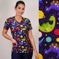 Delantal Mujer tela elasticada estampada Dinosaurios. Azul Marino - Art. 2507