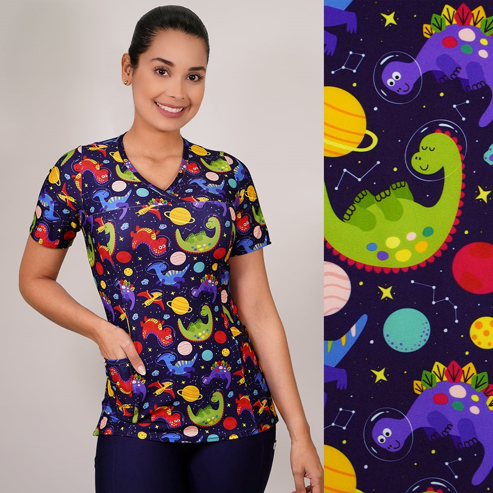 Delantal Mujer tela elasticada estampada Dinosaurios. Azul Marino - Art. 2507