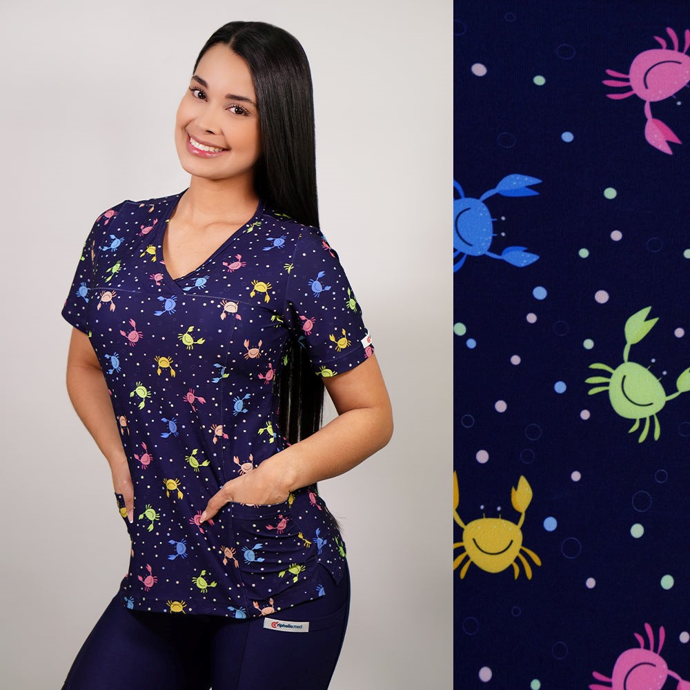 Delantal Mujer tela elasticada estampada Cangrejos. Azul Marino - Art. 2509
