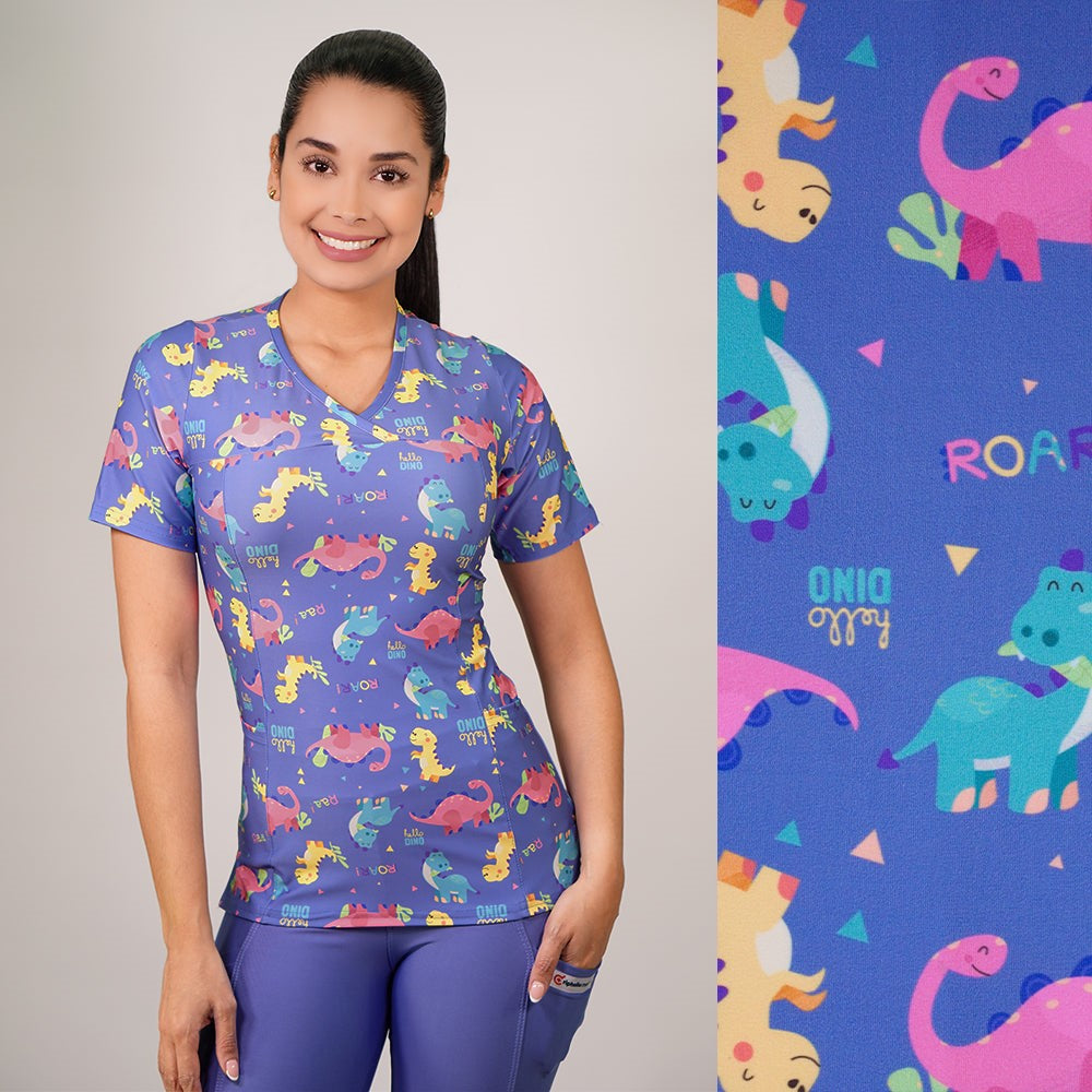 Delantal Mujer tela elasticada estampada Dinosaurios.Celeste - Art. 2514