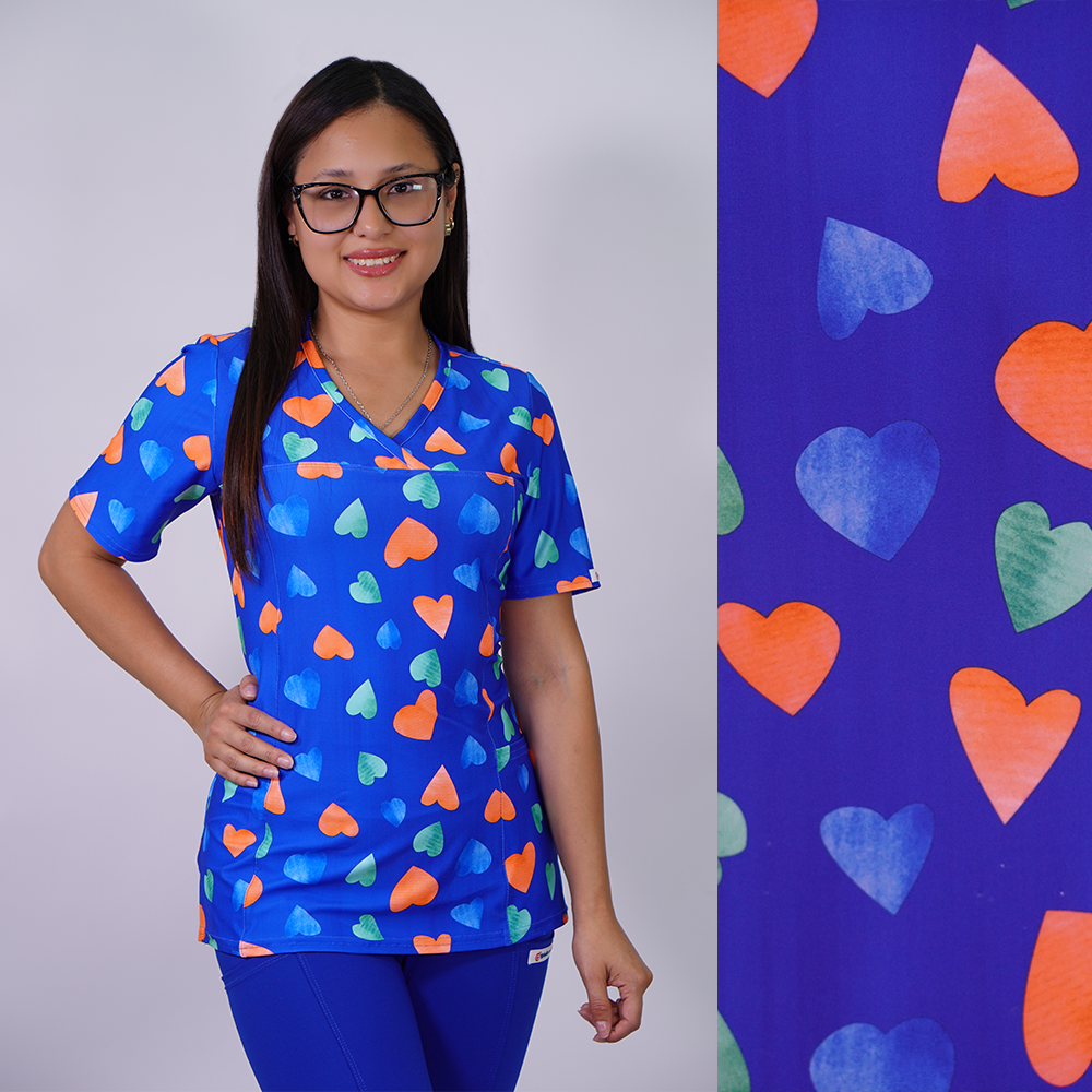 Delantal Mujer tela elasticada estampada Corazones. Azul Rey - Art. 2525