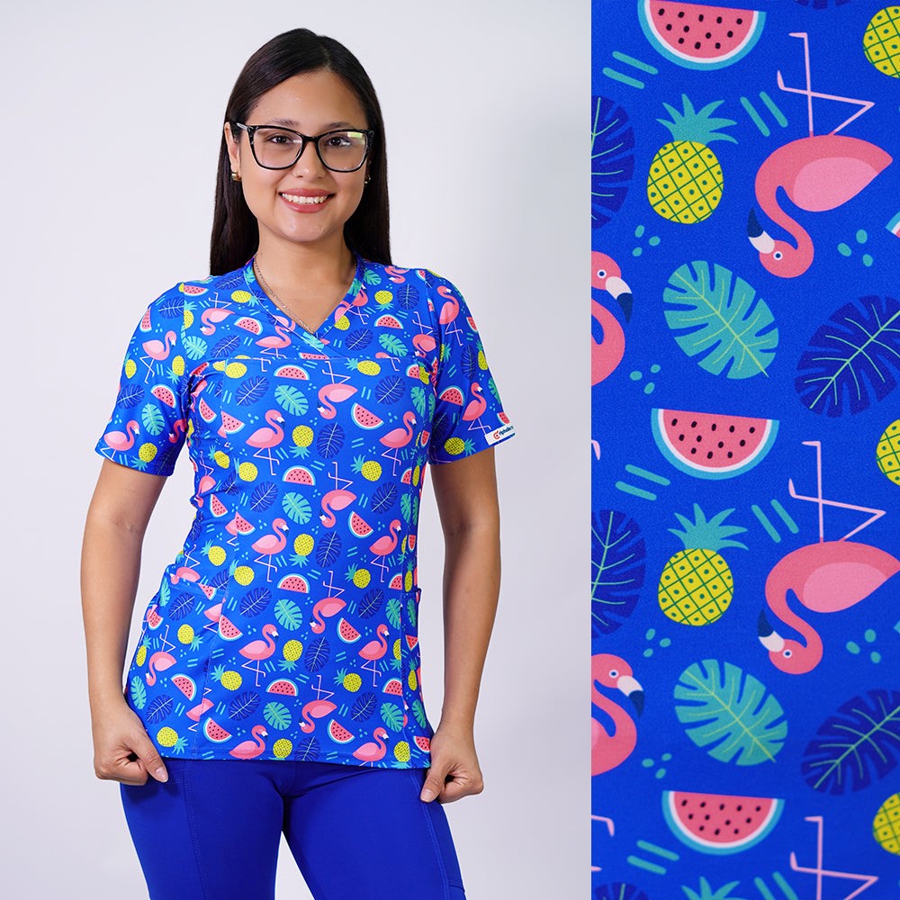 Delantal Mujer tela elasticada estampada Cisnes. Azul Rey - Art. 2532