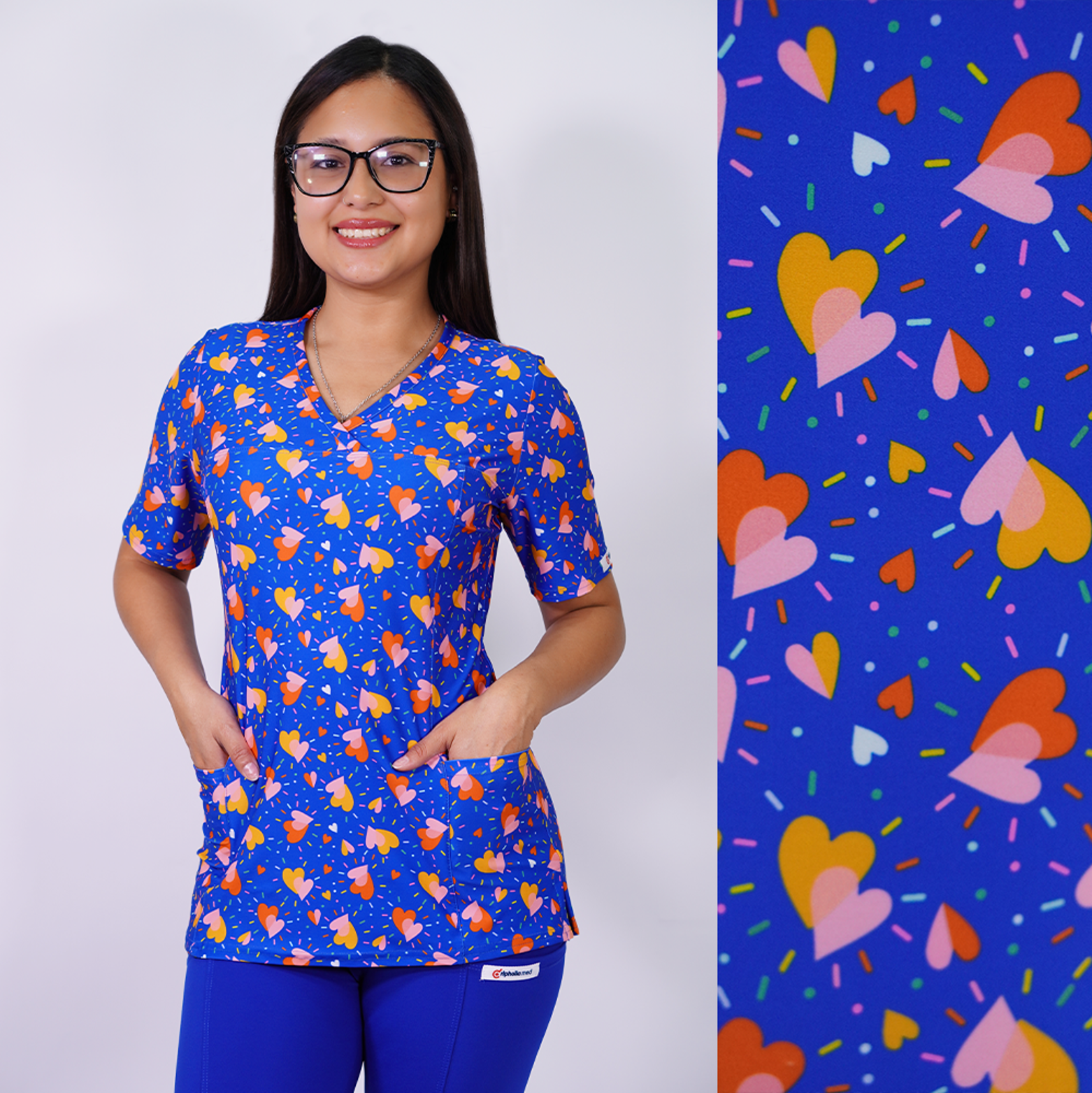 Delantal Mujer tela elasticada estampada Corazones. Azul Rey - Art. 2537
