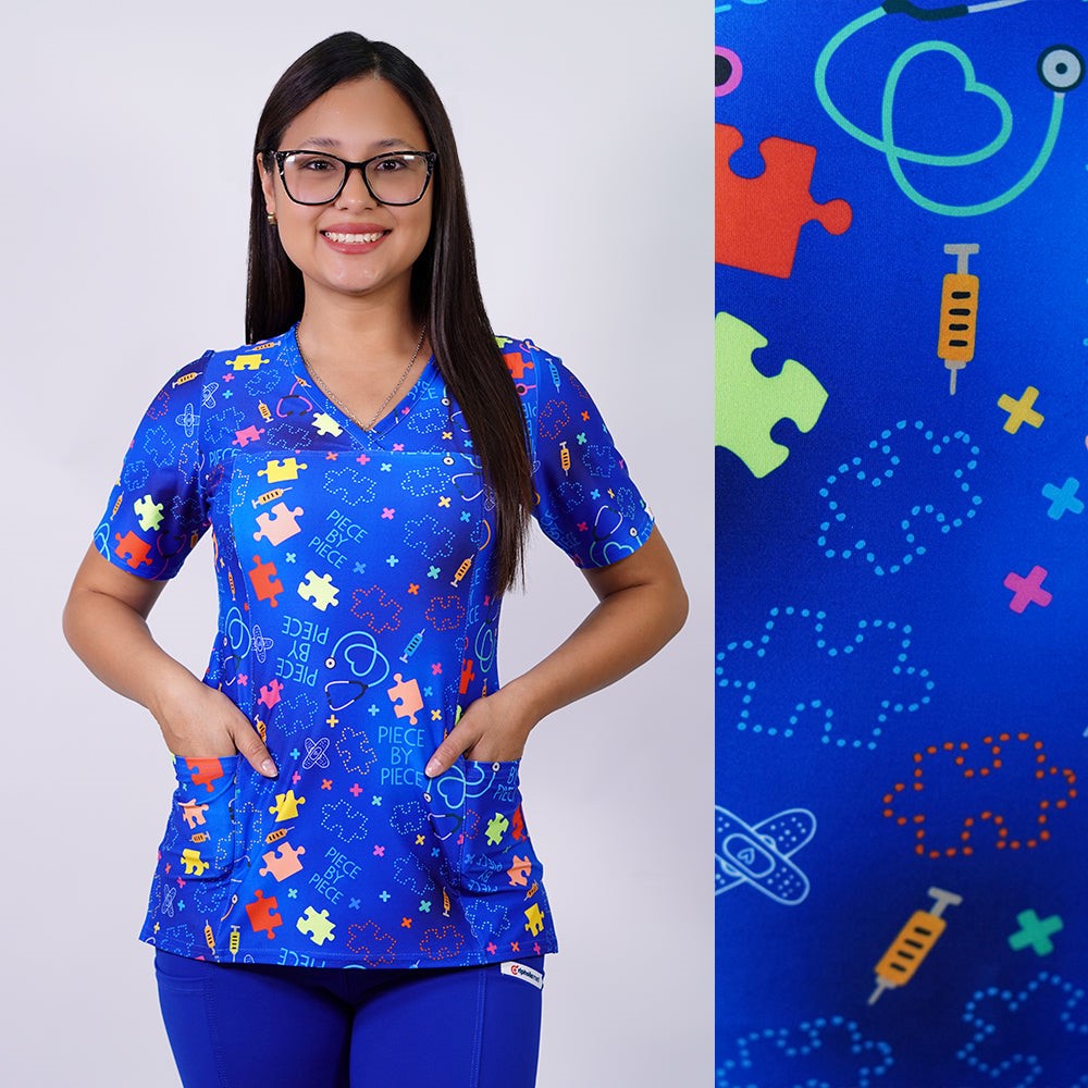 Delantal Mujer tela elasticada estampada Rompecabezas. Azul Rey - Art. 2540